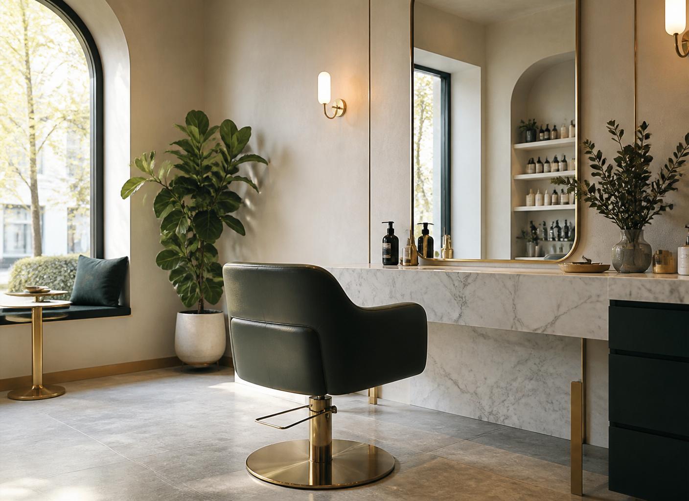 Interno di uno studio beauty di quartiere: poltrona elegante, marmo e dettagli in ottone